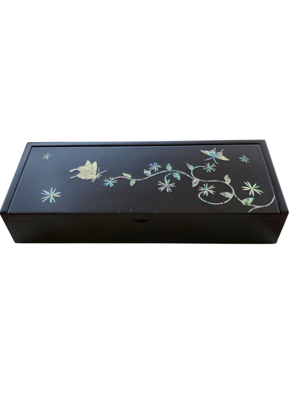 Korean Black Lacquerware Gift Jewelry Trinket Abalone Inlay Butterfly Flower Box